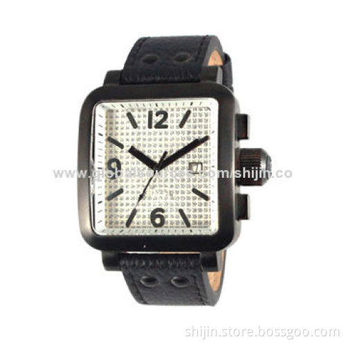 Fashion Stainless Steel Watch with Genuine Leather Band and Square Case, Made in China